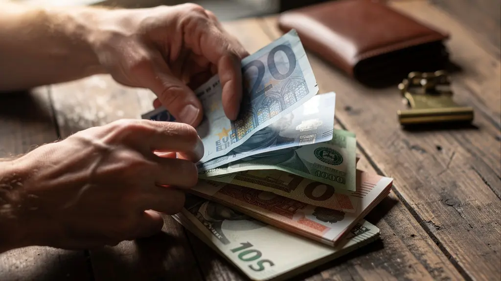 Mains comptant des billets de différentes devises sur une table en bois