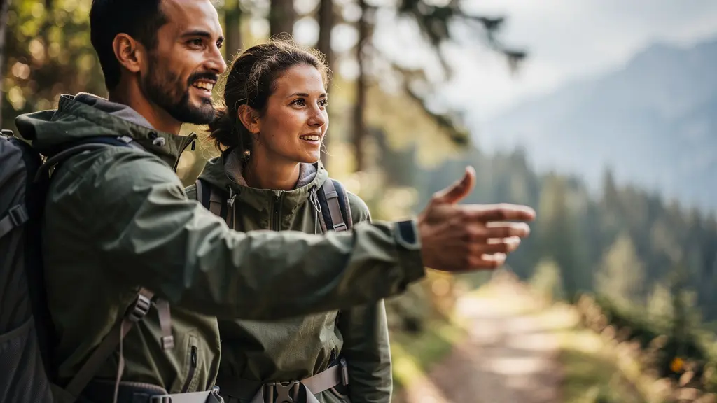 Guide local et voyageur échangeant sur un sentier de montagne