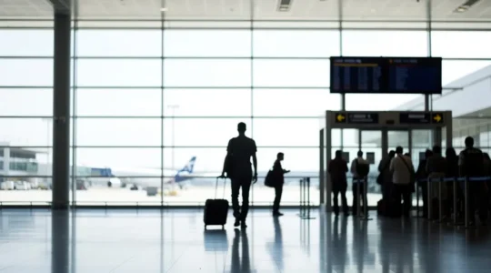Voyageur avec bagage cabine descendant d'un avion à l'escale, panneau de destinations floues en arrière-plan