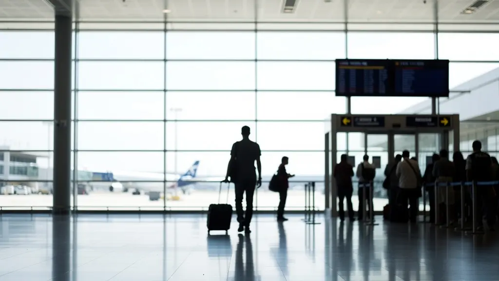 Voyageur avec bagage cabine descendant d'un avion à l'escale, panneau de destinations floues en arrière-plan