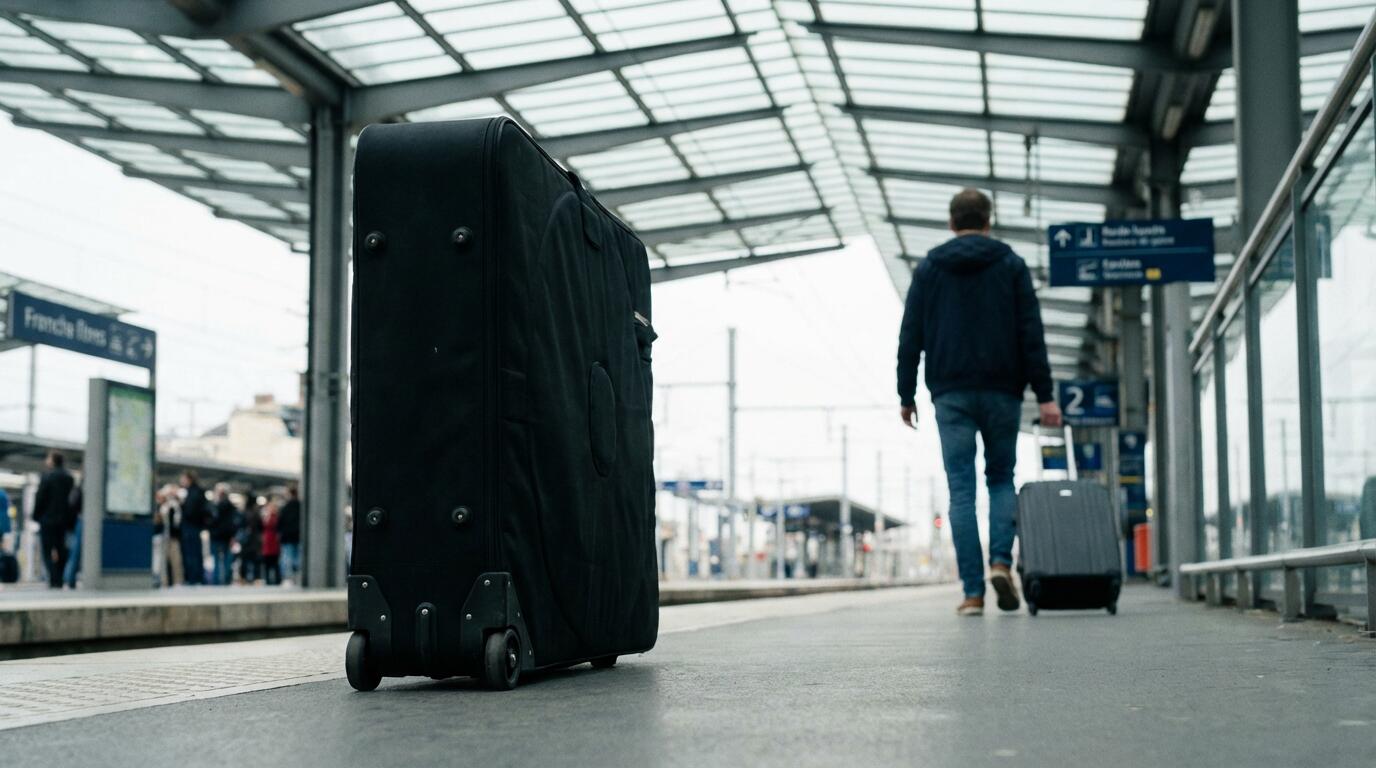 Housse de transport vélo sur quai de gare pour voyage en train SNCF