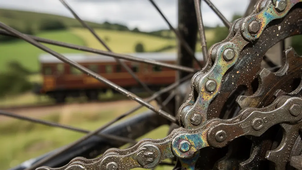 Paysage panoramique avec train traversant la campagne et cyclistes sur une route secondaire