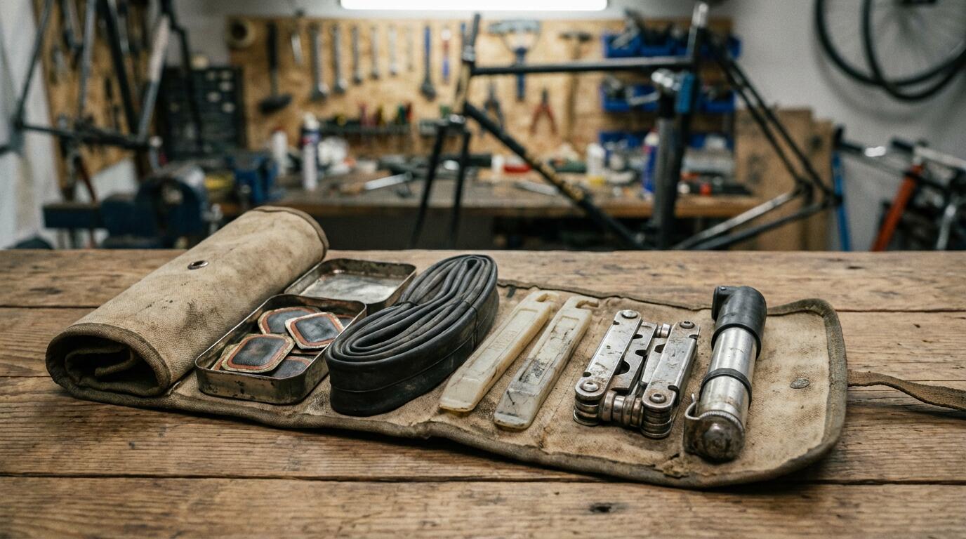 Kit de réparation vélo ouvert avec rustines et outils pour voyage cyclotourisme