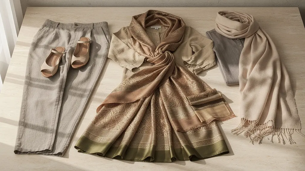 Arrangement minimaliste de vêtements modulables et accessoires respectueux pour visites culturelles