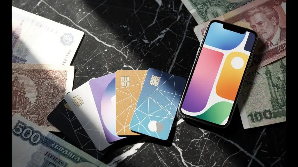 Composition minimaliste de cartes de paiement et billets de différentes devises