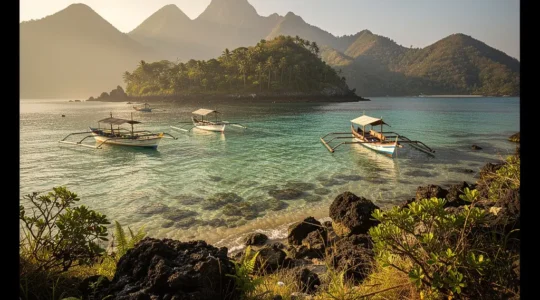 Paysage côtier sauvage avec collines volcaniques verdoyantes et mer turquoise, ambiance années 1980