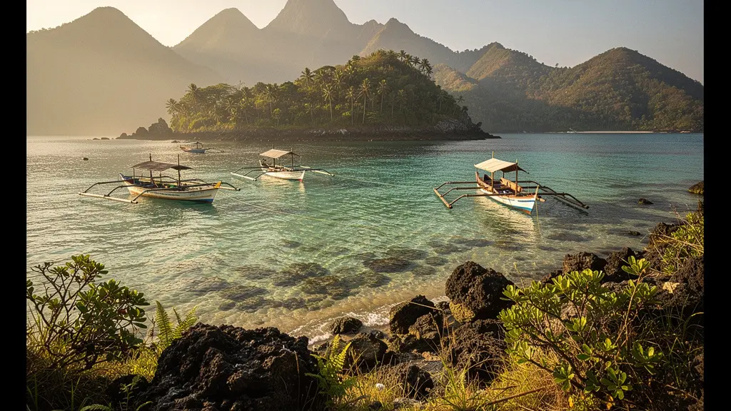 Paysage côtier sauvage avec collines volcaniques verdoyantes et mer turquoise, ambiance années 1980