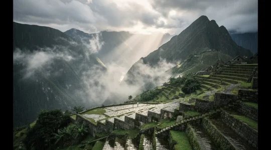 Vue panoramique du Machu Picchu pendant la saison des pluies avec brume mystique enveloppant les terrasses et végétation luxuriante