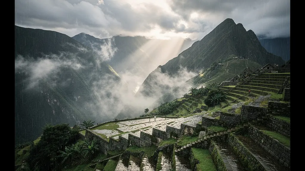 Vue panoramique du Machu Picchu pendant la saison des pluies avec brume mystique enveloppant les terrasses et végétation luxuriante