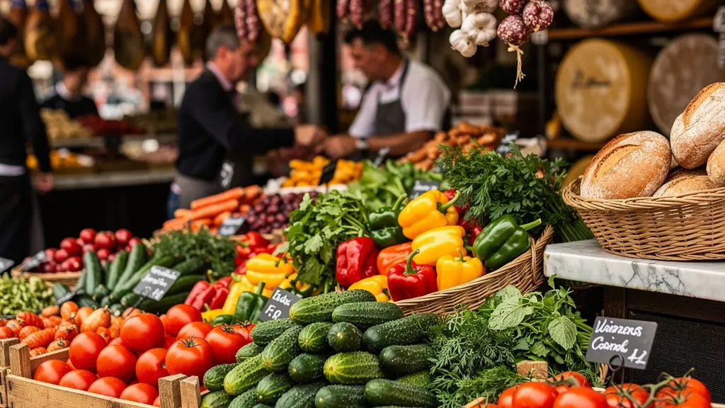 Intérieur d'un marché couvert traditionnel avec étals colorés de produits frais et locaux se partageant l'espace