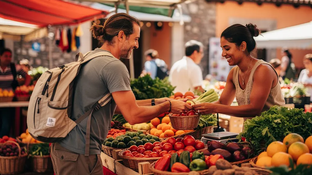 Vue immersive d'un marché local coloré avec un voyageur négociant des légumes frais