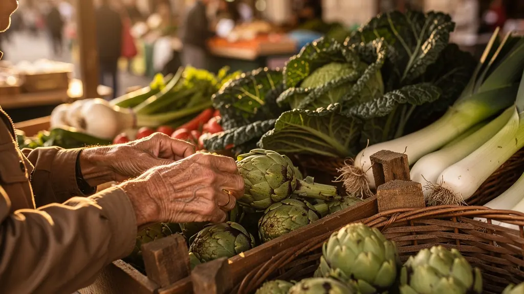 Étal de marché toscan avec légumes d'hiver et produits de saison