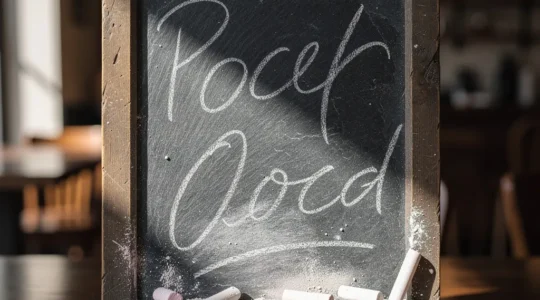 Vue rapprochée d'une carte de restaurant manuscrite sur tableau noir avec craie posée, éclairage naturel filtré par une fenêtre