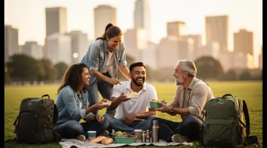 Voyageurs partageant un pique-nique improvisé au coucher du soleil dans un parc urbain avec vue sur la ville