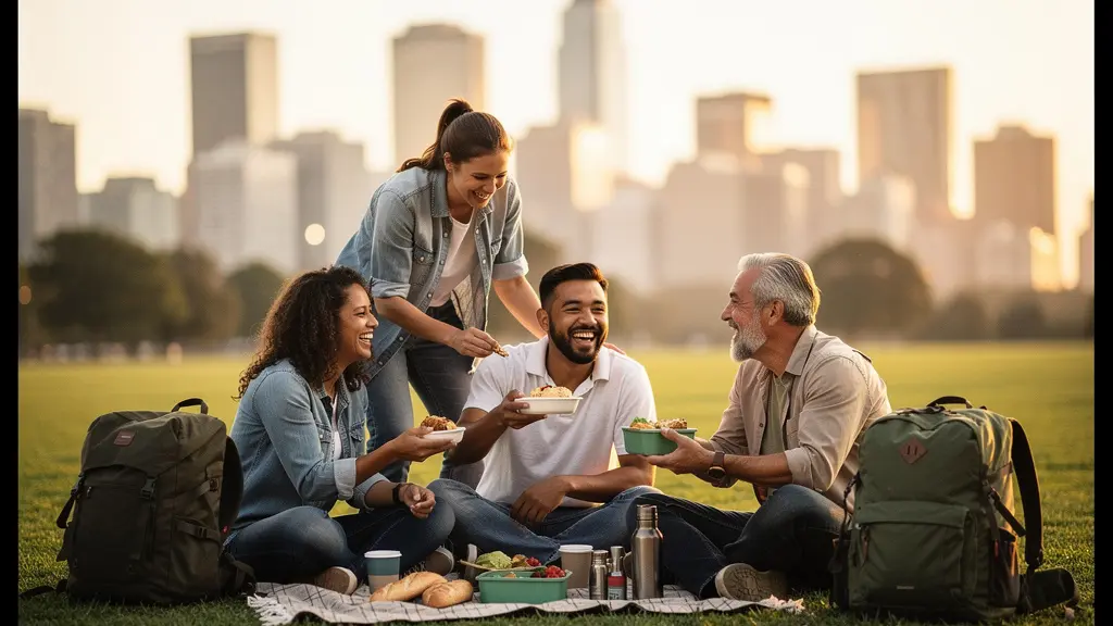 Voyageurs partageant un pique-nique improvisé au coucher du soleil dans un parc urbain avec vue sur la ville