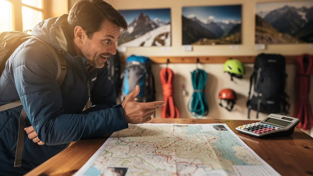 Randonneur discutant avec agent de voyage local dans une agence de Cusco, cartes de trek sur le comptoir