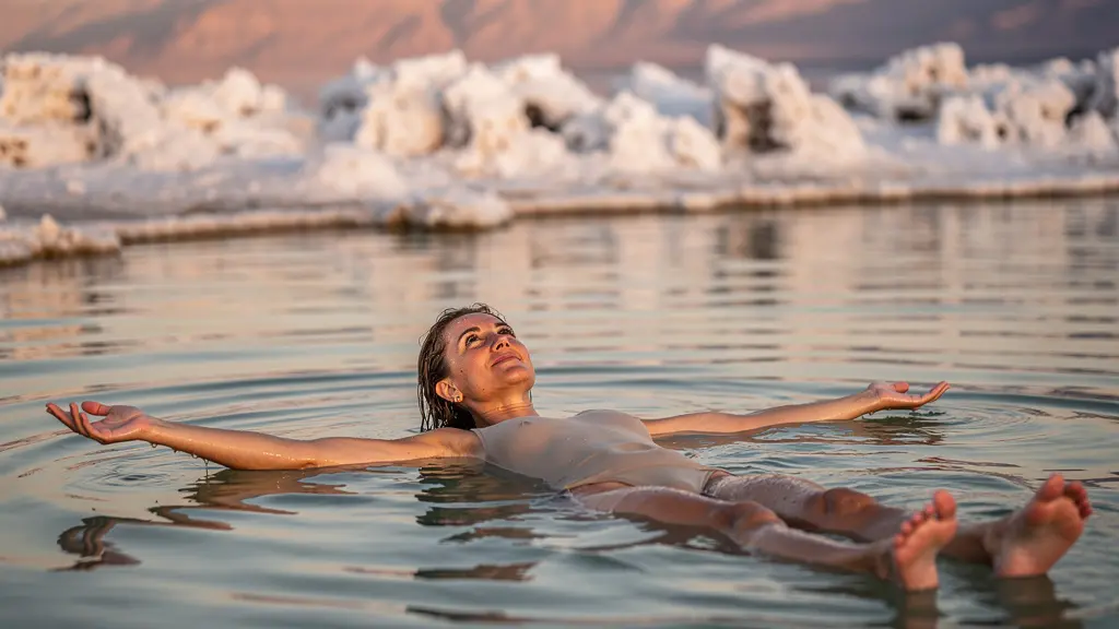 Personne flottant paisiblement dans les eaux de la Mer Morte au coucher du soleil