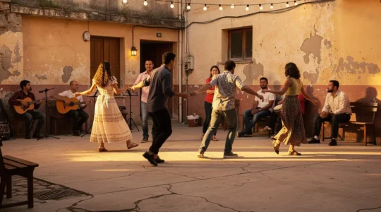 Ambiance vibrante d'une peña de quartier avec danseurs de salsa locaux