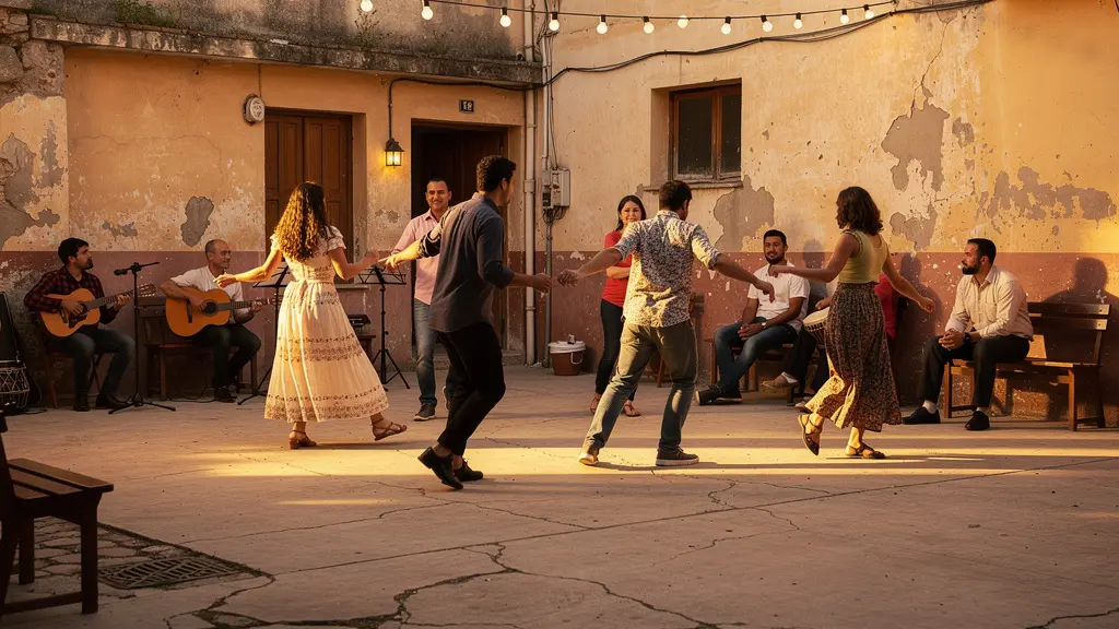 Ambiance vibrante d'une peña de quartier avec danseurs de salsa locaux