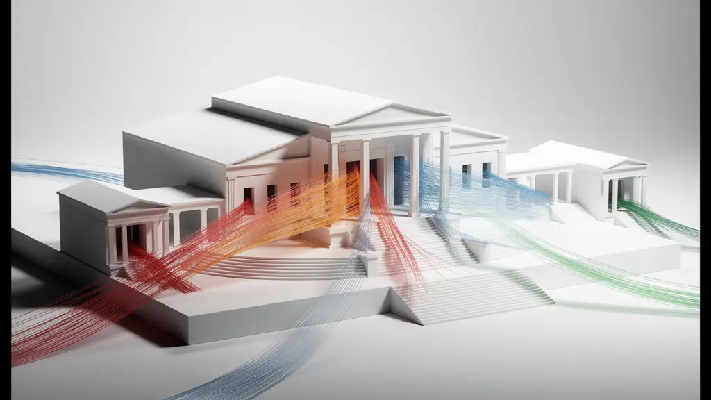 Vue isométrique d'un bâtiment historique montrant différents points d'accès avec flux de visiteurs colorés