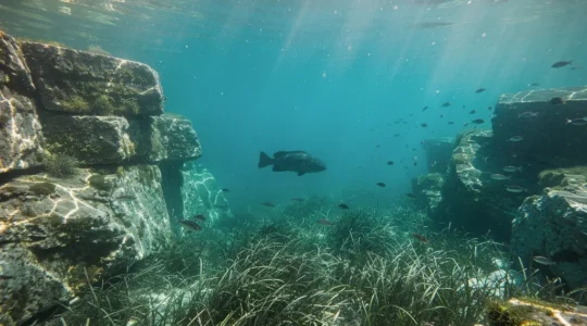 Vue sous-marine spectaculaire des fonds corses avec mérous, herbiers de posidonie et falaises rocheuses dans une eau cristalline