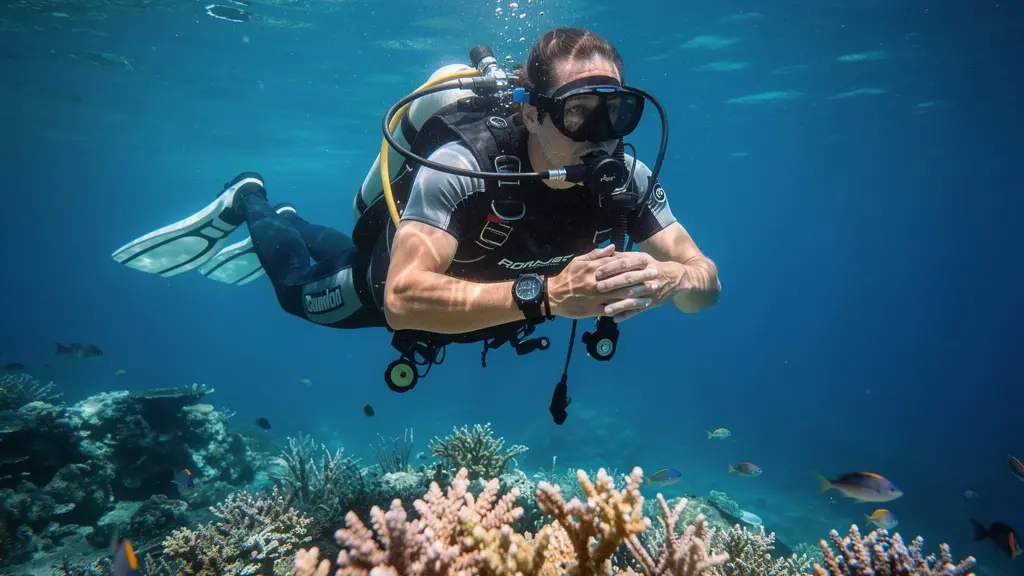Plongeur maintenant une flottabilité parfaite au-dessus d'un récif corallien coloré sans le toucher