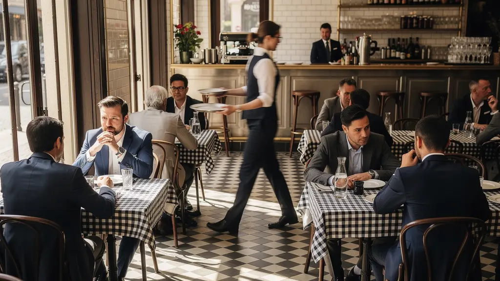 Vue large d'une salle de restaurant animée pendant le service du midi avec serveurs en mouvement