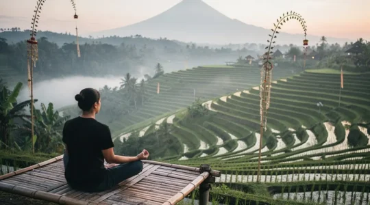 Personne en méditation face aux rizières en terrasse de Bali au lever du soleil