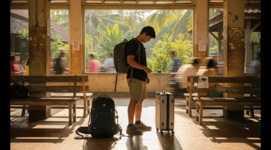 Voyageur contemplant son sac à dos dans une gare routière colorée d'Asie du Sud-Est