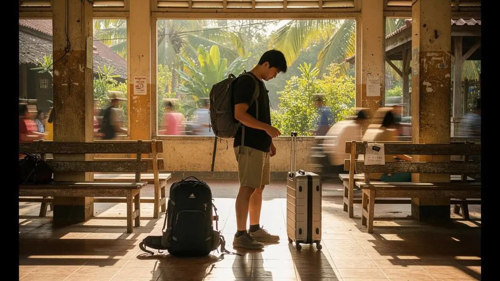 Voyageur contemplant son sac à dos dans une gare routière colorée d'Asie du Sud-Est