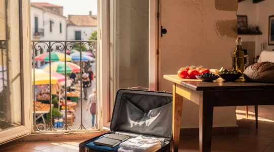 Une scène paisible de voyageur installé dans un appartement local avec vue sur un marché animé, une valise ouverte et des produits frais sur la table