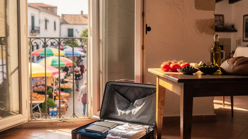 Une scène paisible de voyageur installé dans un appartement local avec vue sur un marché animé, une valise ouverte et des produits frais sur la table