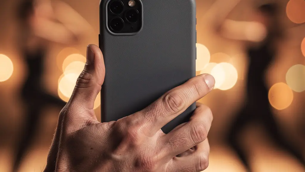 Main tenant un smartphone avec fond flou de danseurs en soirée