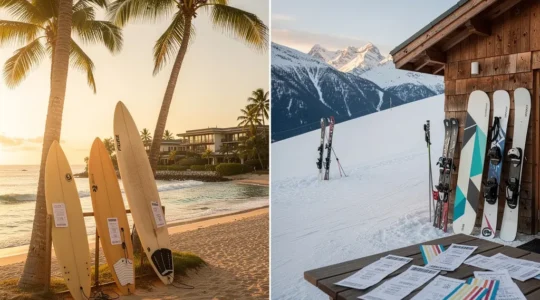 Contraste entre une plage tropicale de surf et une station de ski alpine, montrant l'équipement et les coûts cachés du tourisme sportif