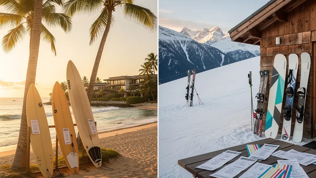 Contraste entre une plage tropicale de surf et une station de ski alpine, montrant l'équipement et les coûts cachés du tourisme sportif