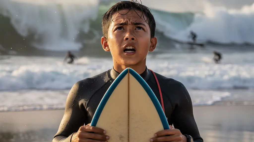 Surfeur débutant observant avec appréhension des vagues géantes depuis la plage
