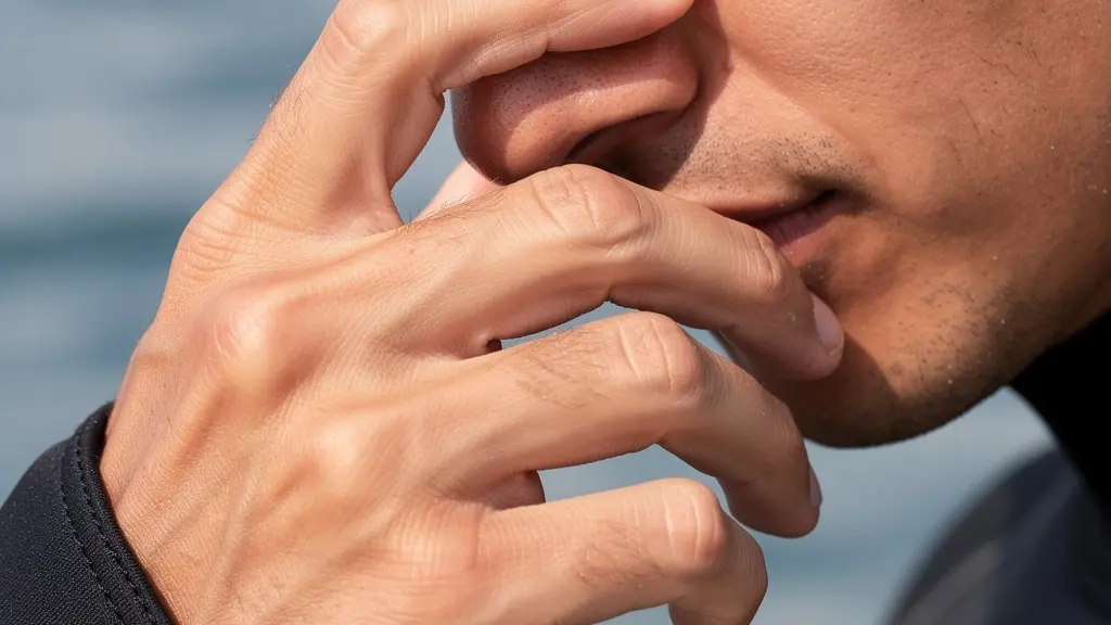 Démonstration macro de la technique de pincement nasal pour l'équilibrage des oreilles