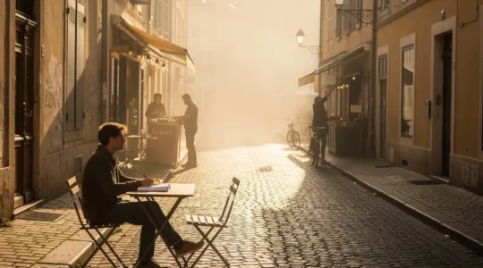Vue en perspective d'une petite rue pavée européenne au petit matin avec un voyageur solitaire contemplant l'architecture locale