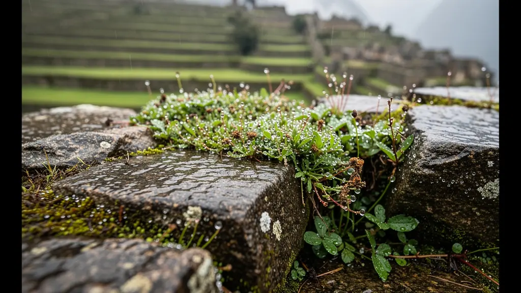 Terrasses agricoles incas verdoyantes sous la brume matinale avec jeu de lumière dorée