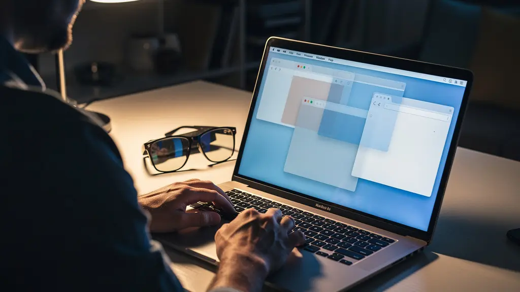 Personne vérifiant plusieurs fenêtres de navigateur sur ordinateur portable, éclairage tamisé de soirée