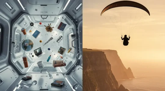 Comparaison visuelle entre un vol en apesanteur et un vol en parapente dans un ciel nuageux