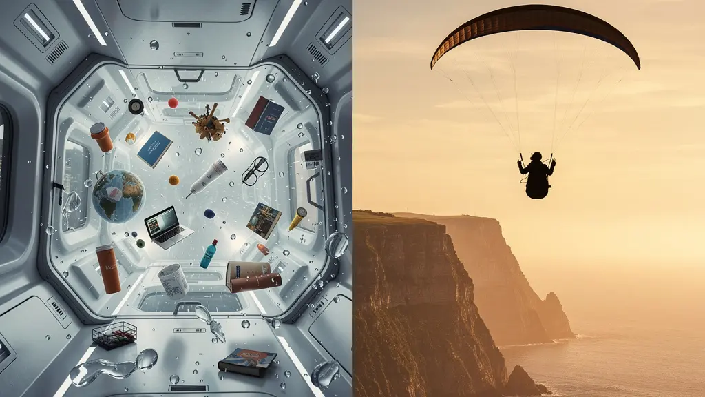 Comparaison visuelle entre un vol en apesanteur et un vol en parapente dans un ciel nuageux