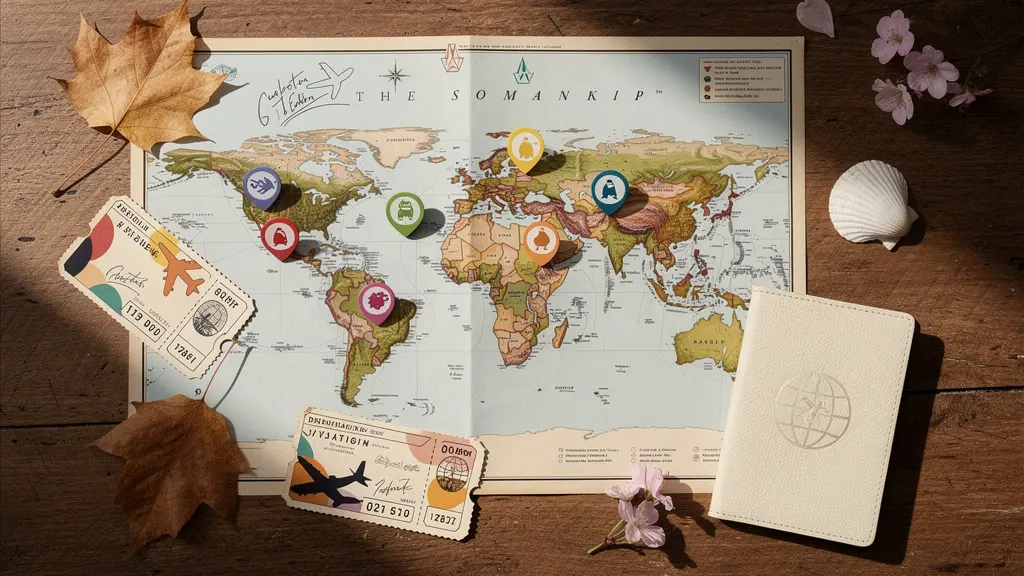 Calendrier de voyage avec épingles sur différentes saisons, cartes et billets d'avion sur table en bois