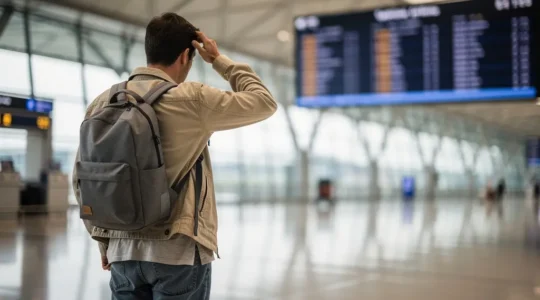 Voyageur perplexe devant un tableau d'affichage avec des prix d'options additionnelles dans un terminal d'aéroport moderne