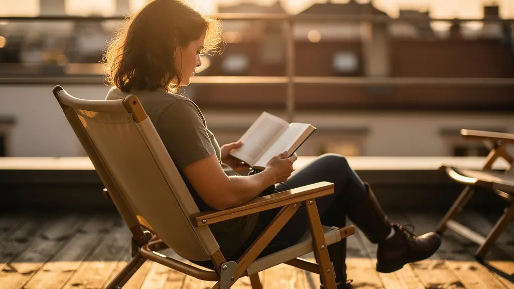 Voyageur relaxé lisant sur une terrasse ensoleillée d'auberge avec vue sur la ville