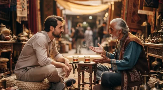 Voyageur occidental en interaction respectueuse avec des habitants locaux dans un marché traditionnel, démontrant l'écoute active et le respect culturel
