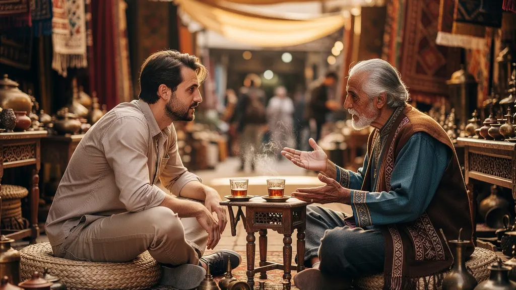 Voyageur occidental en interaction respectueuse avec des habitants locaux dans un marché traditionnel, démontrant l'écoute active et le respect culturel