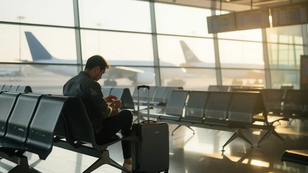 Voyageur sécurisant discrètement ses biens avant un vol