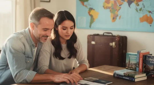 Couple préparant leurs documents de voyage sur une table en bois avec cartes et passeports