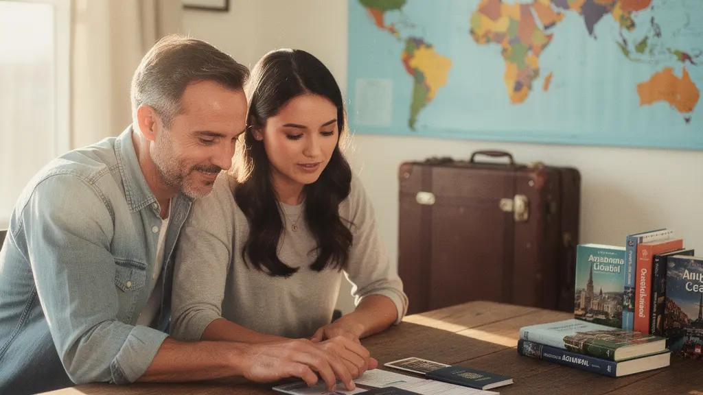 Couple préparant leurs documents de voyage sur une table en bois avec cartes et passeports
